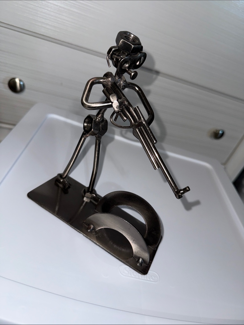 Vintage METAL ART Welded Nut and Bolt Sculpture Gunman Mail/Letter Holder